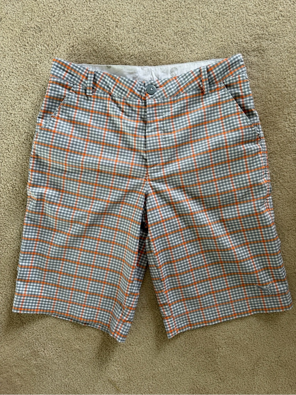 Puma Orange and Gray Plaid Flat Front Shorts